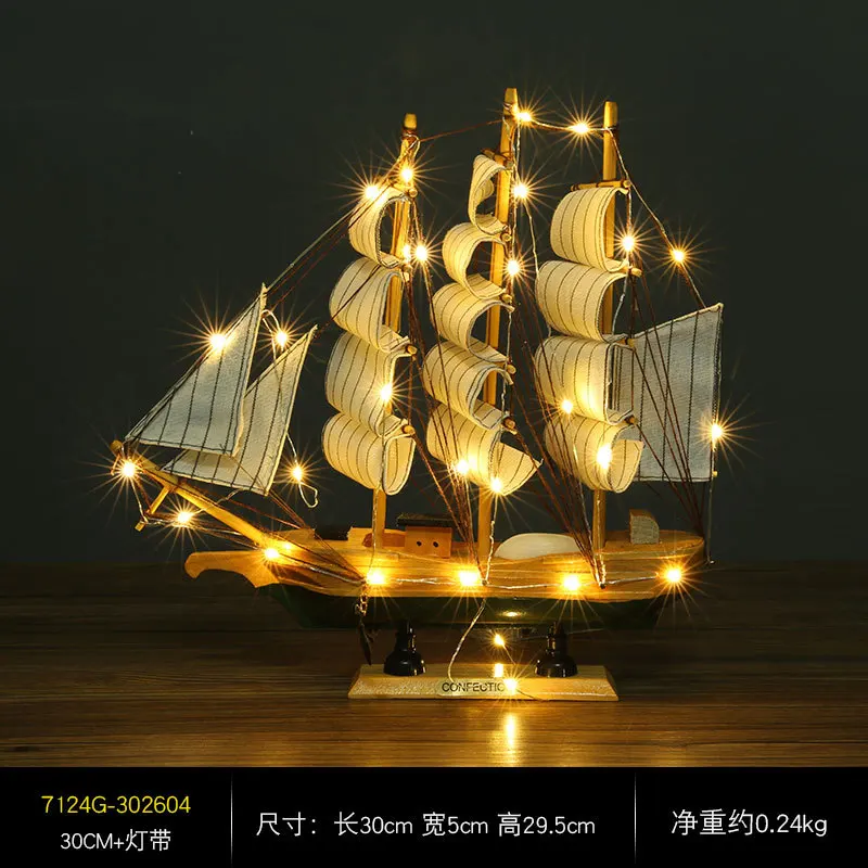 Pirate ship sailing yacht small boat model 30 40cm wooden small boat with led light deco fishing boat home table decoration