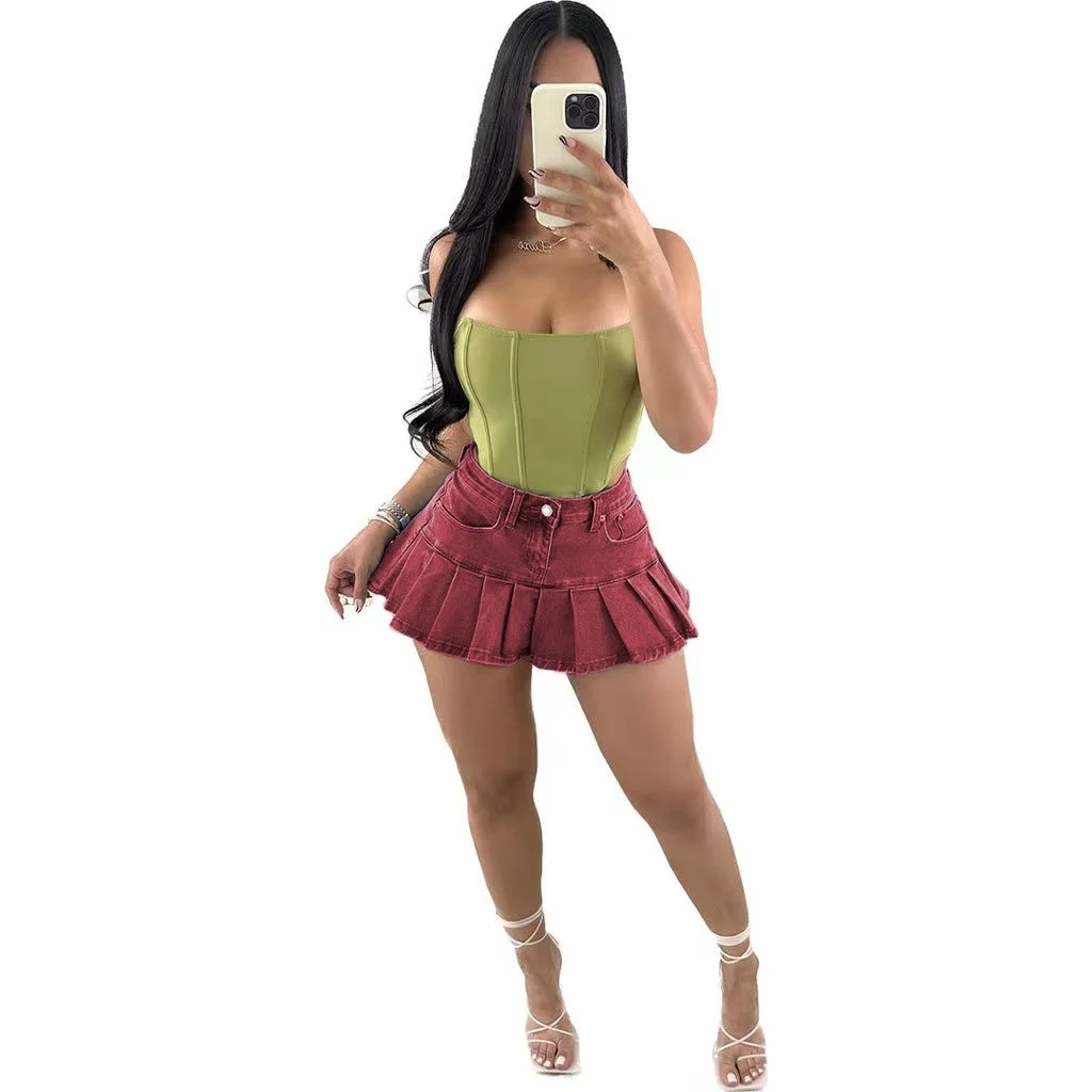 2024 New Short Jean Skirt Wholesale Denim High Waist In Stock Blue Short Skirt Ladies Pleated Skirts