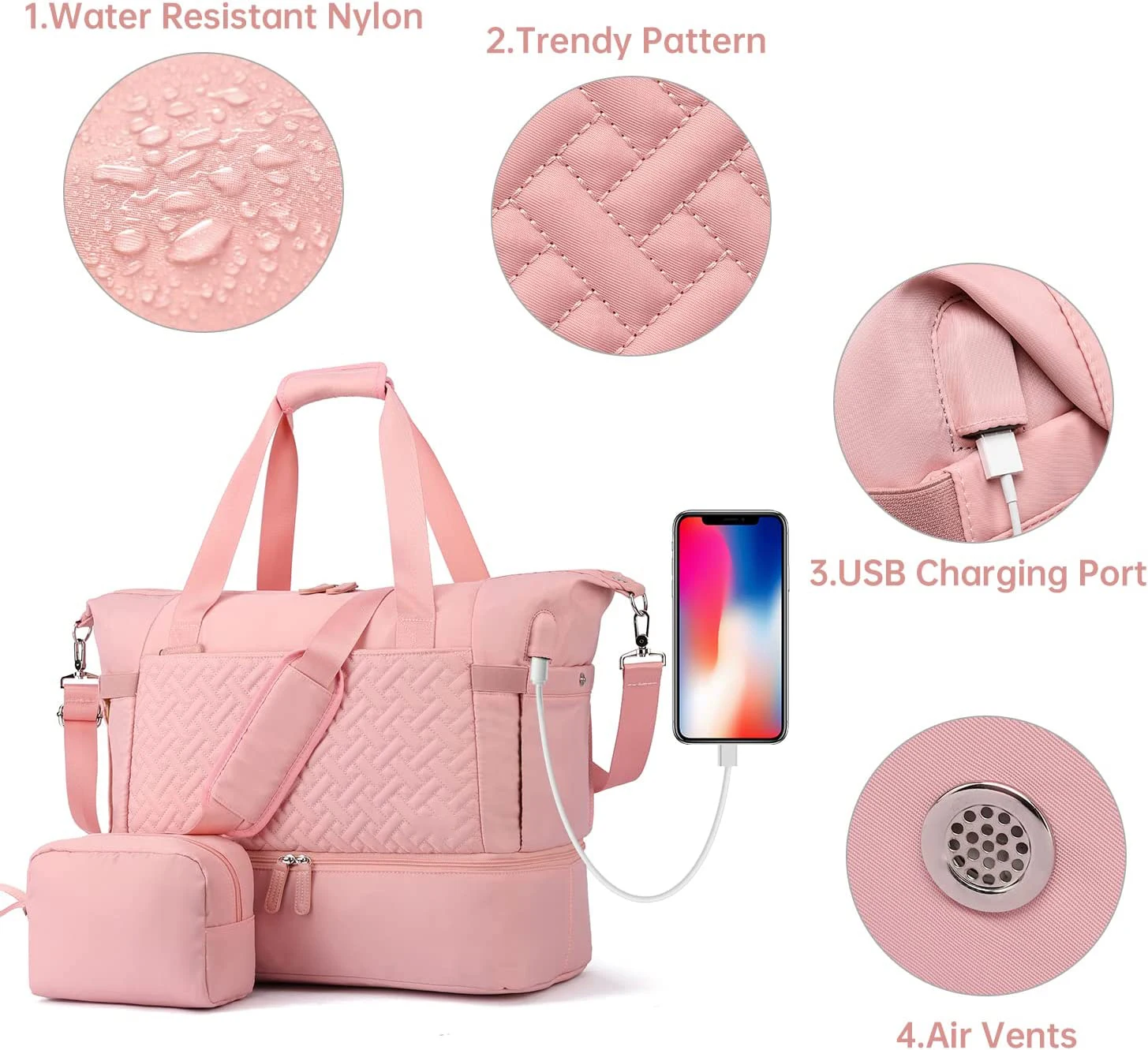Personalized Quilted Weekender Travel Duffle Womens Dance Sports Duffel Bag With USB Charging Port