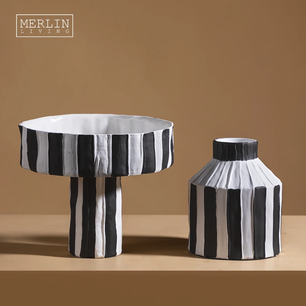 Merlin Living home decoration modern ceramic Morandi vase Nordic striped black and white vase for ceramic vase