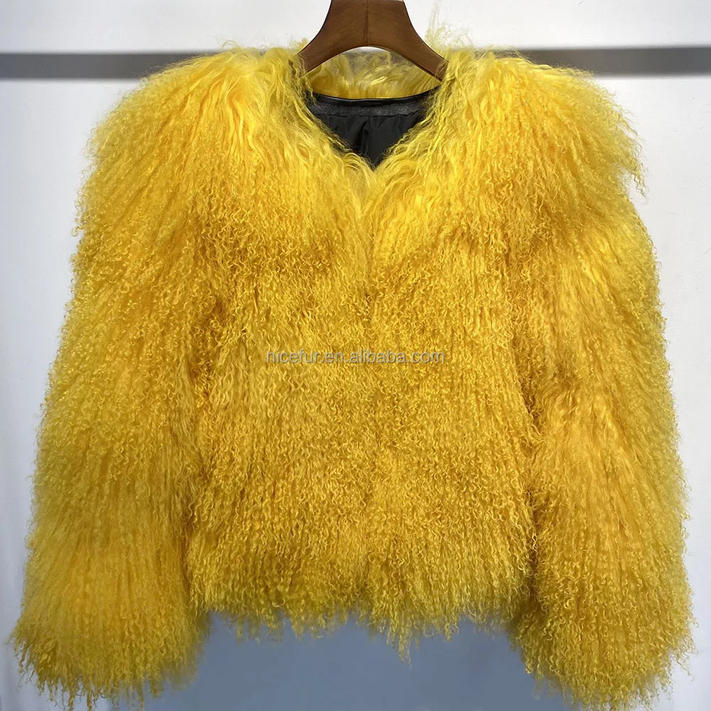 Wholesale Winter Luxury Lamb Fur Jacket Crop Real Mongolian Fur Coats For Women
