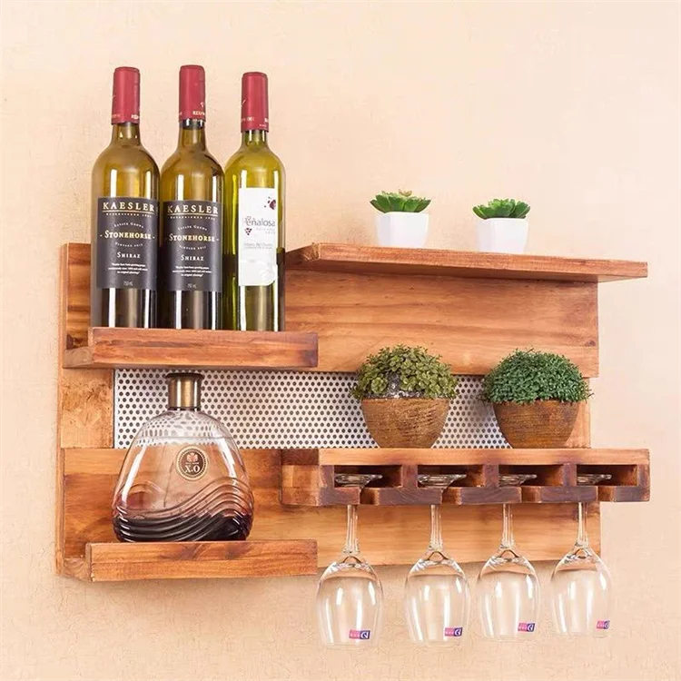 Factory Sale Walnut Color Wall-Mounted Wine Shelf Bamboo Bottle Wooden Glass Holder