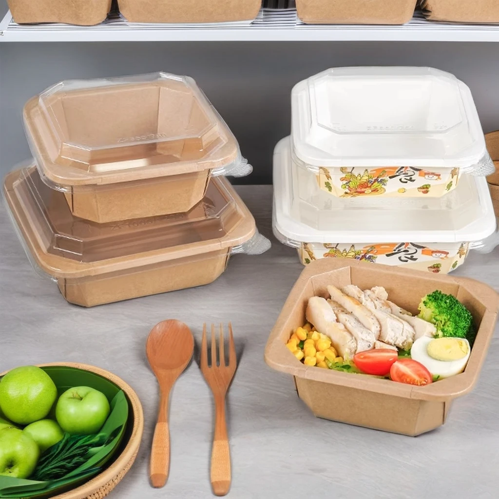 Custom Print Disposable Square Paper Food Packaging Box Octangle Paper Bowl Fast Food Container with pet lid