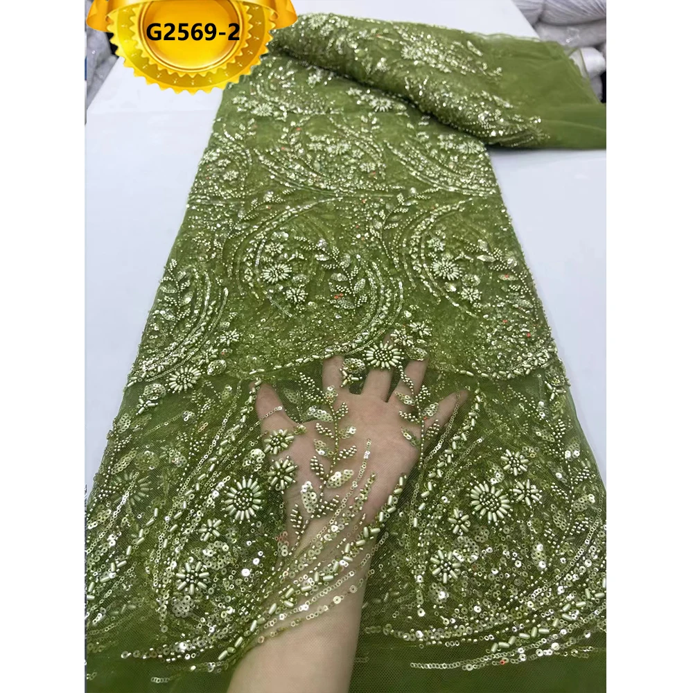 Luxury Beads Lace Fabric Handmade Sequins Bead Lace Fabric Sewing Wedding Ladies Dress French Beads Lace Gold
