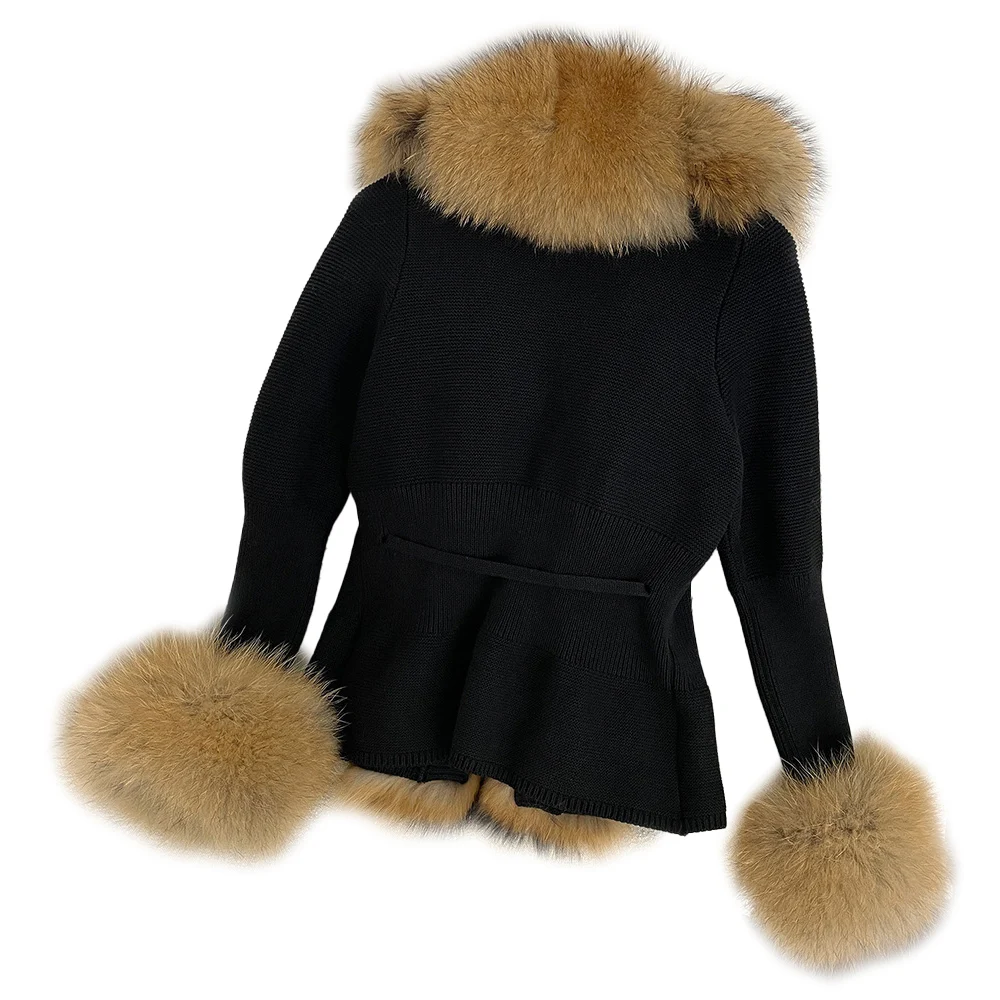 CX-G-A-291A Winter Warm Fur Sweater Women Knitted Belt Coat With Detachable Raccoon Fur Collar Cuffs