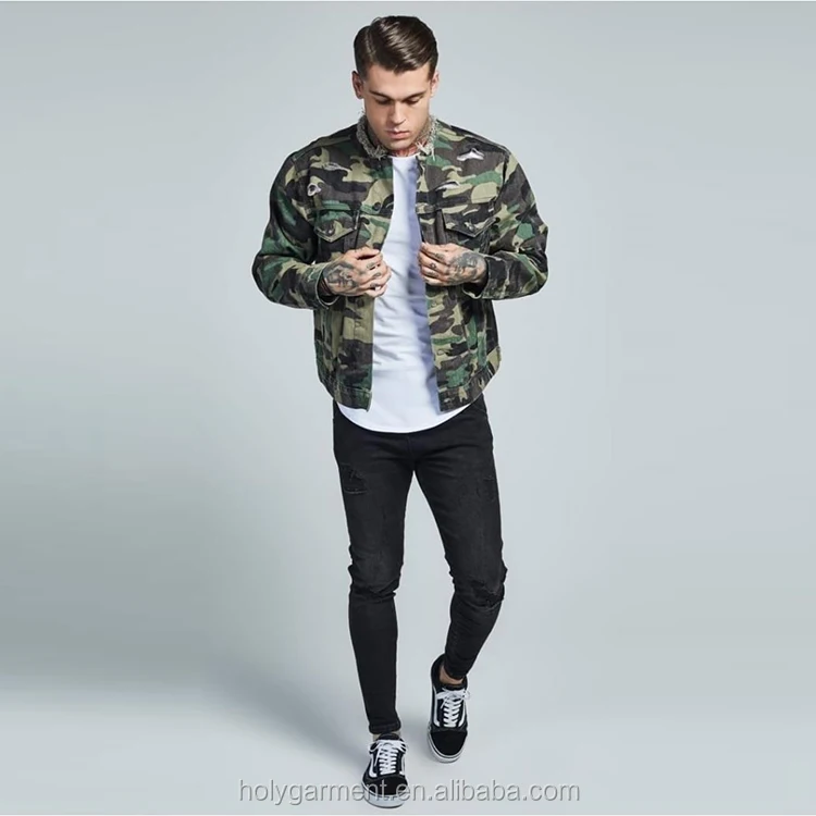 huili hot selling allover printed camouflage jean jacket men collarless cotton denim softshell jacket
