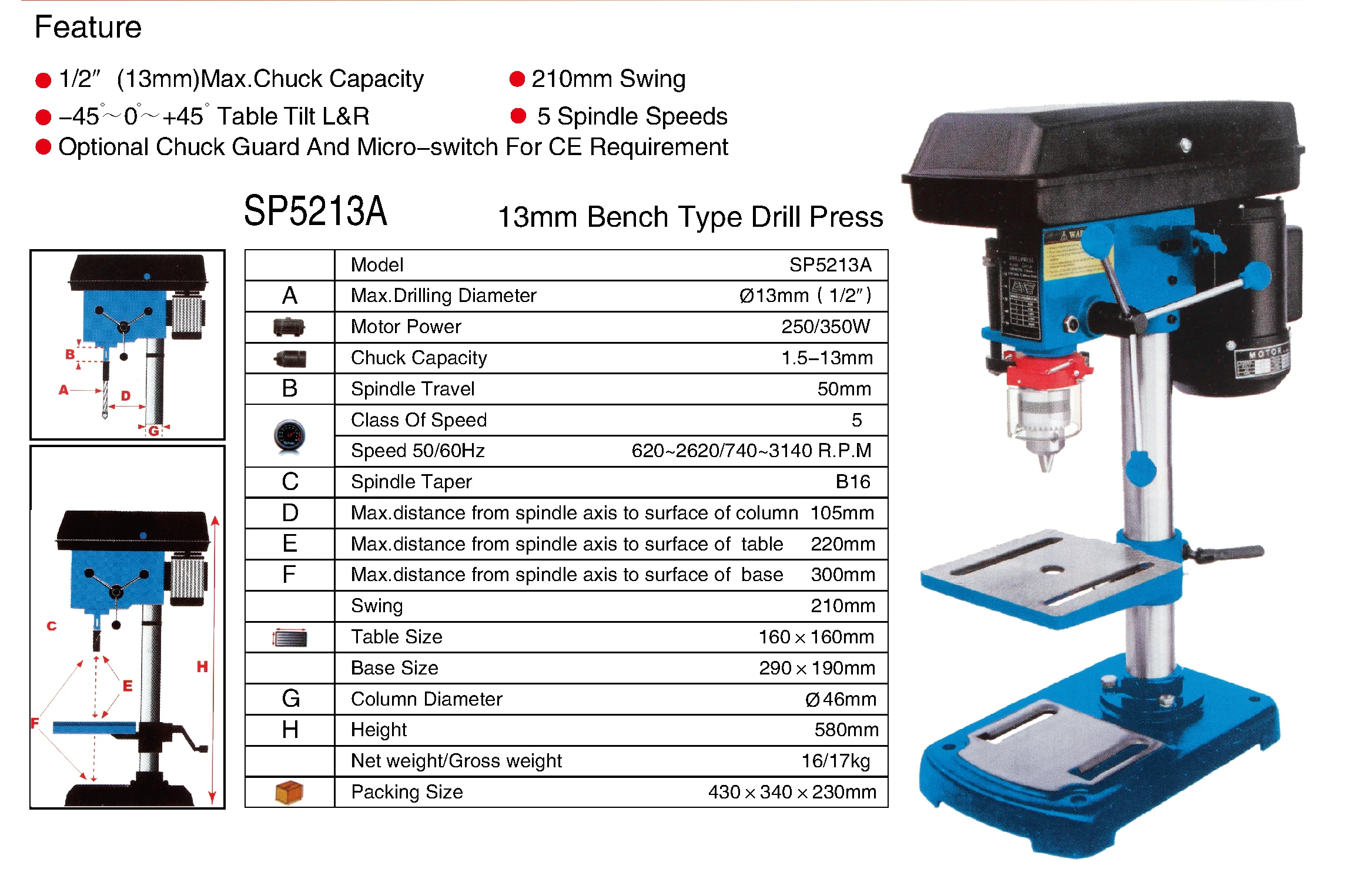 Настольный сверлильный станок sumore SP5213A Круглый 220