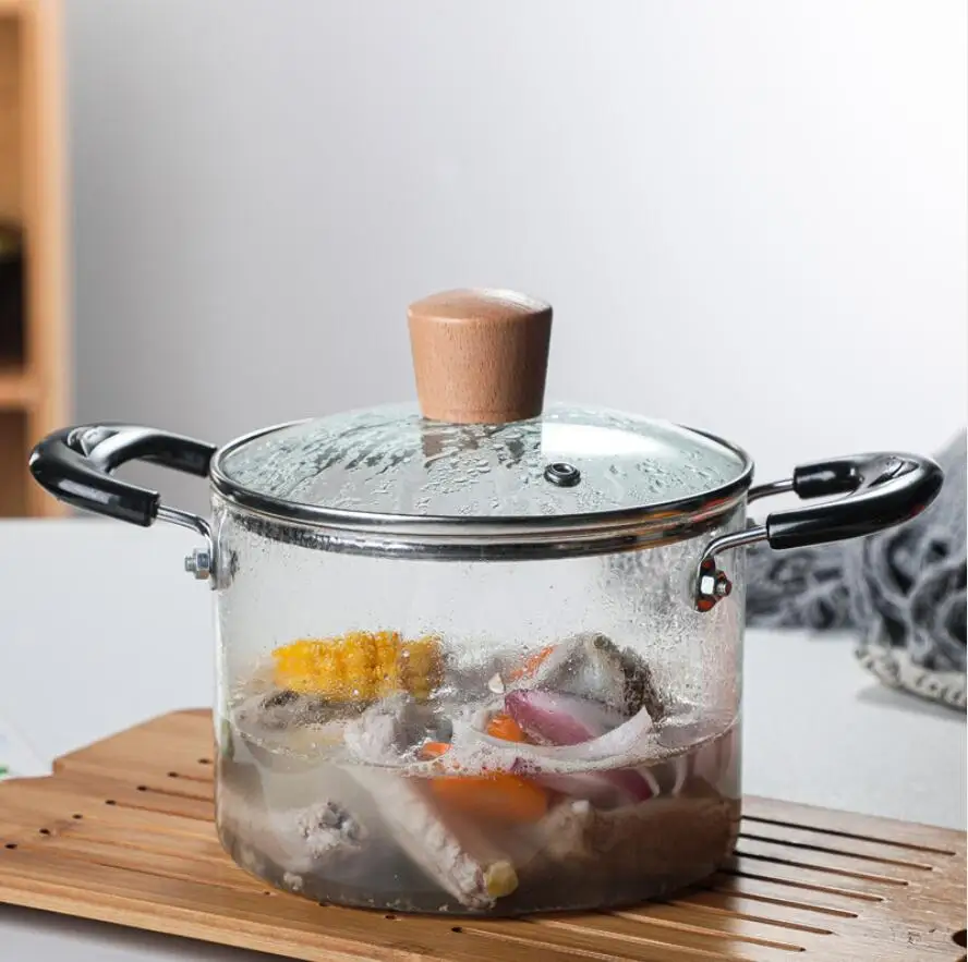 Clear Double Ear Steamer Glass Pan for Household Kitchenware High Borosilicate Transparent Glass Soup Pot Gas Open Fire Soup Pot