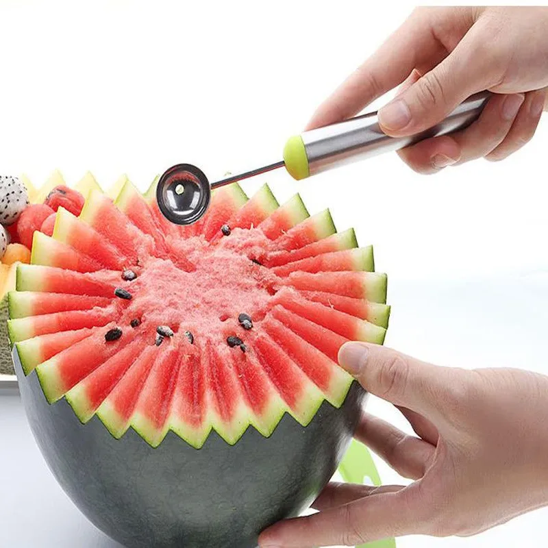 Ice Cream Ball Spoon Double Stainless Steel Melon Baller Kitchen Cut Watermelon Carving Fruit Digging Spoon Platter