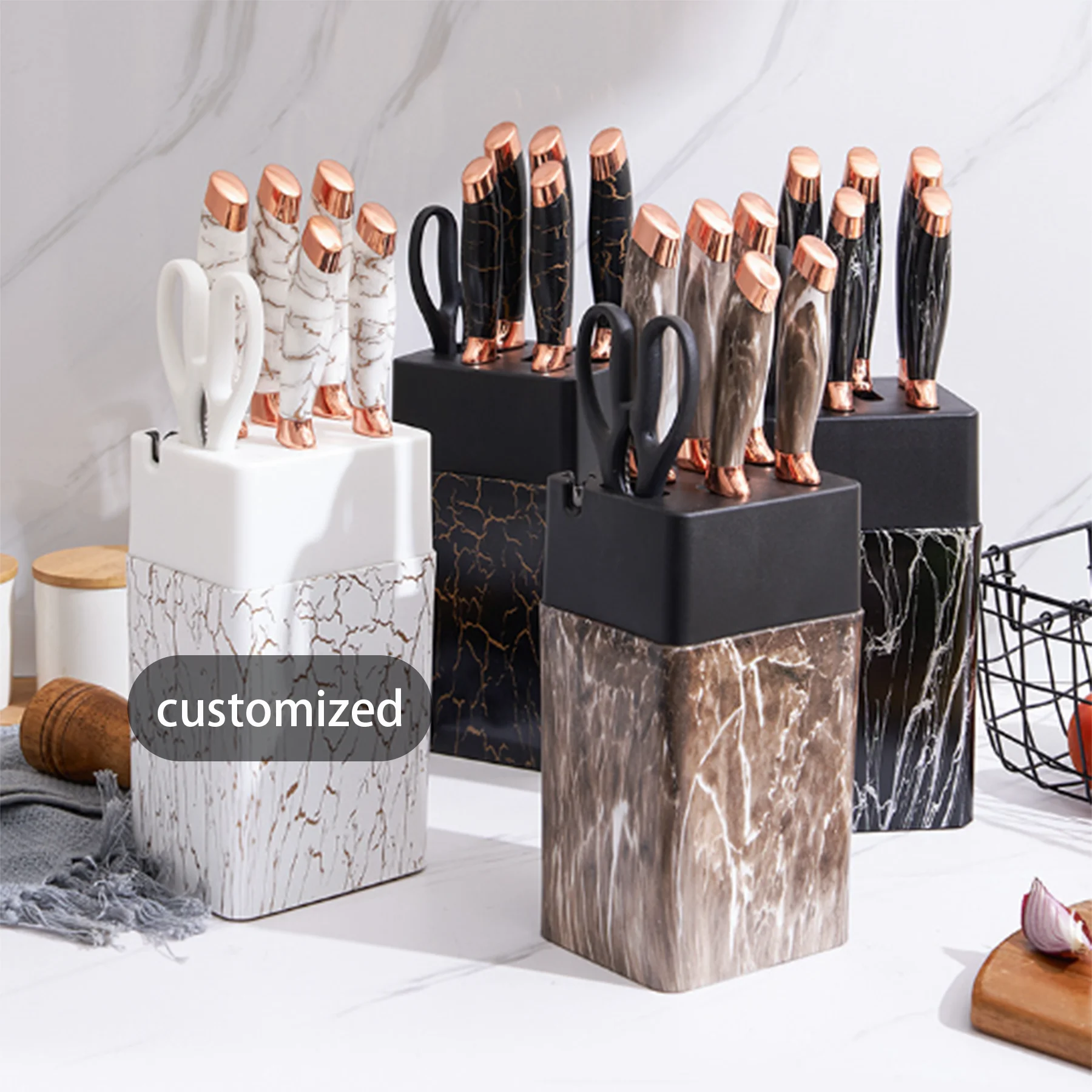 Wholesale New Style 7pcs stainless steel chef knives marble handle kitchen knife set with block sharpener