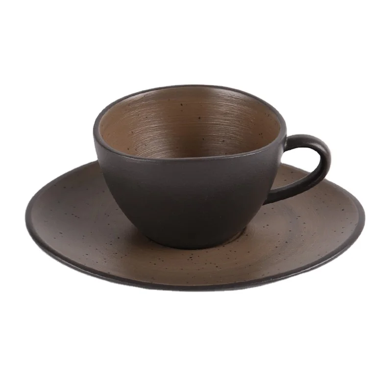 
Japanese style hand made hotel restaurant ceramic coffee cup and plate 240ml 8oz Cappuccino coffee cup vintage brown 