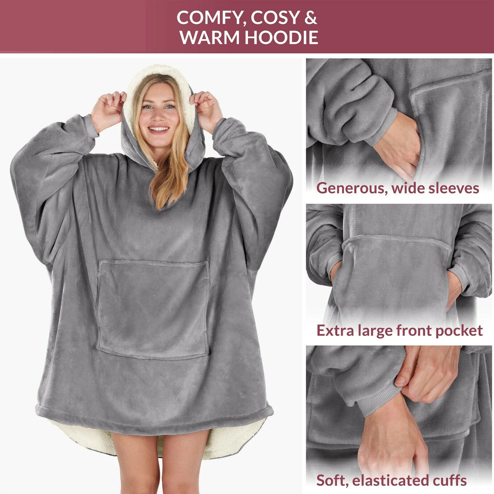 Oversized Hoodie Blanket Ultra Plush Fleece Sherpa Giant Big Hooded Sweatshirt