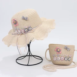 Wholesale Fashion Straw Hat Five Flowers Wave Eaves Summer Outdoor Travel Children Bucket Hat Backpack Two Piece Set