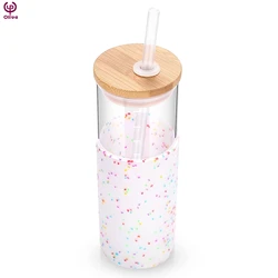 Factory Supply 24oz Glass Tumbler Glass Water Bottle Straw Silicone Protective Sleeve Bamboo Lid  BPA Free Glass Cup