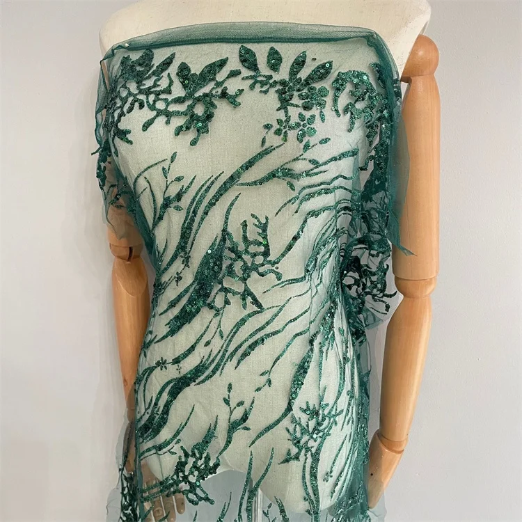 New emerald green sequin lace glitter mesh tulle fabric for evening dress