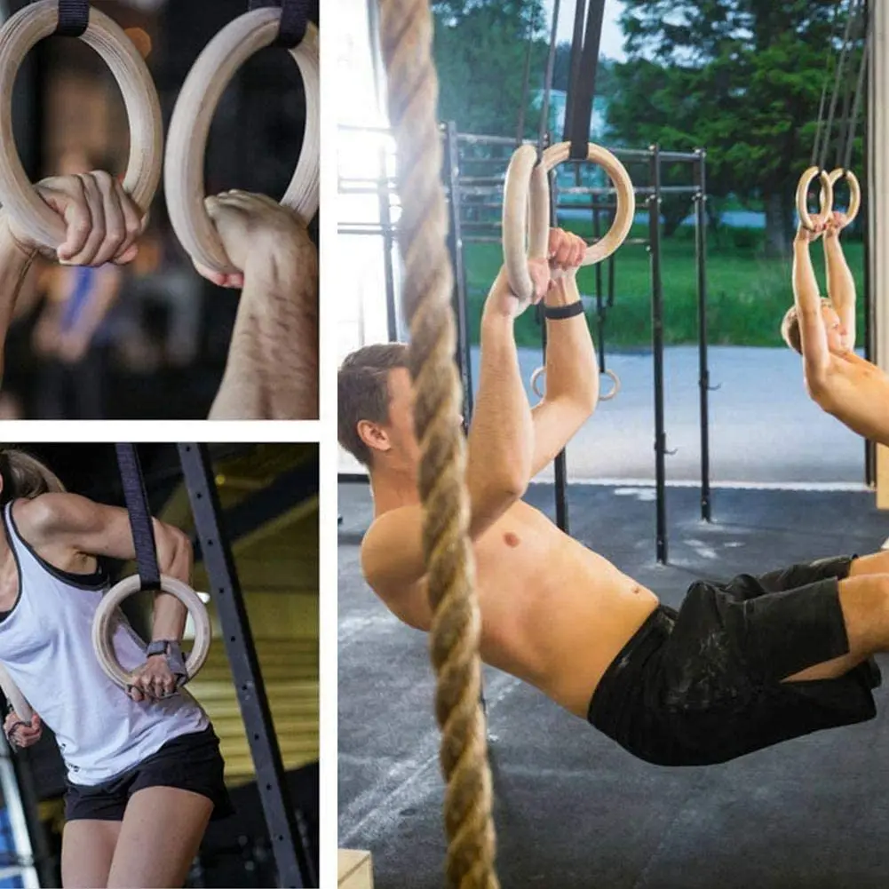 Высококачественные деревянные гимнастические кольца с нейлоновым ремешком