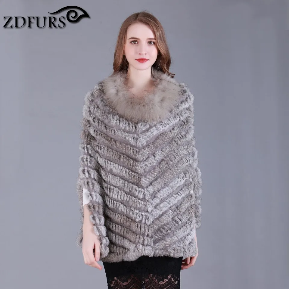 ZDFURS * new fashion real rabbit fur Shawl knitting rabbit fur poncho stole shrug cape robe tippet amice wrap raccoon fur trim