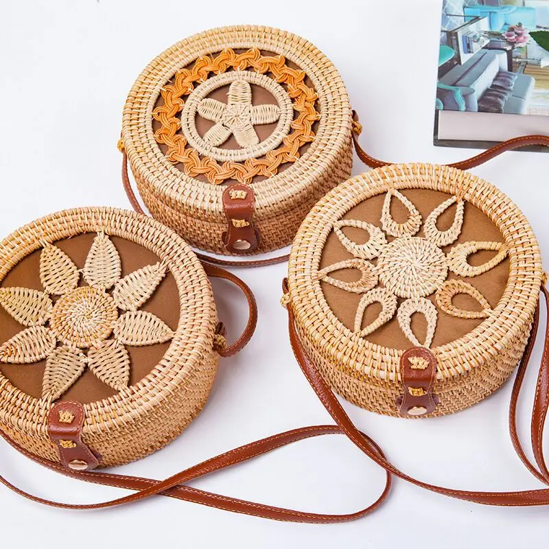 Custom Summer Vacation 2022 Round Straw Bag Bamboo Diy Women Sling Handmade Bags African Vietnam Beach Woven Bali Rattan Bag