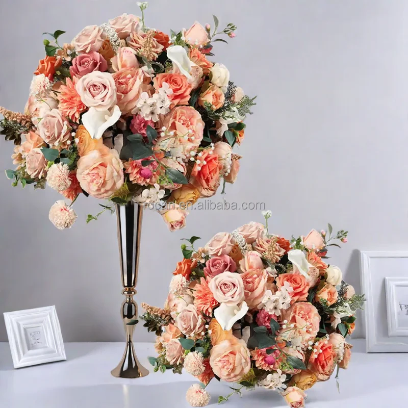Party Centerpieces Orange Blush Pink Rose Eucalyptus Flower Garland Runner Silk Flower Ball Decorative Wedding