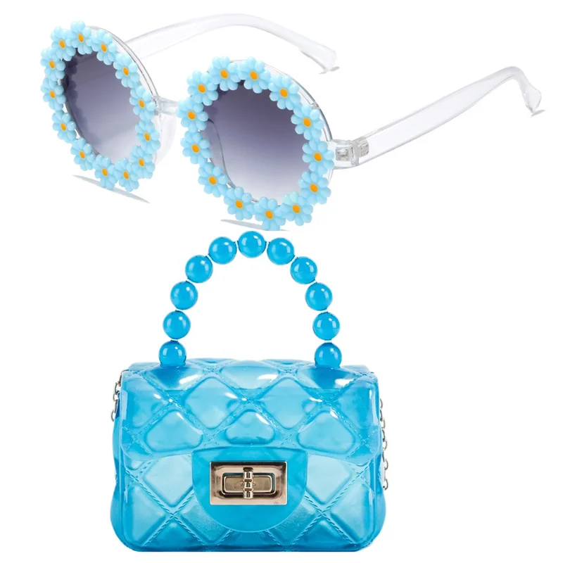 2024 Summer Colorful Candy PVC Little Girls  Mini Purse Kids Jelly Shoulder Bag and kid sunglasses set