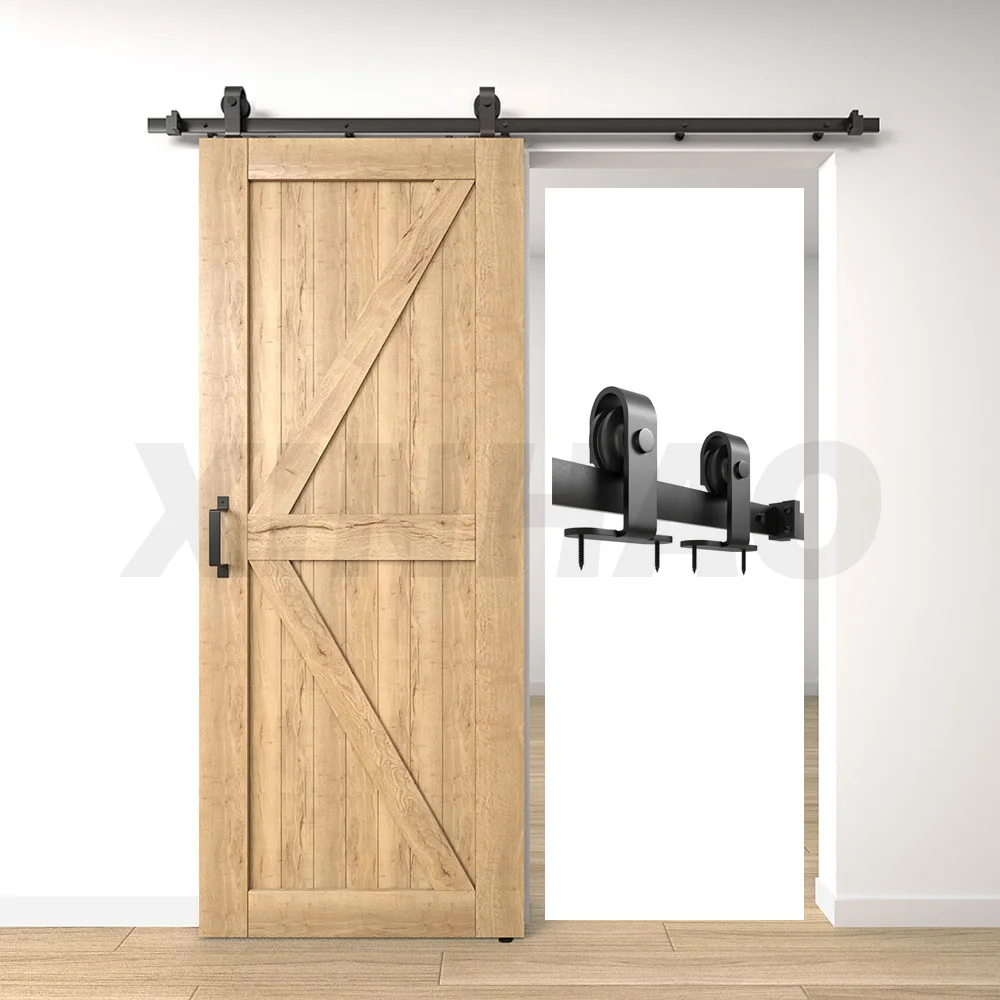5.5FT Single Door French Style Top Mount Carbon Steel Metal Sliding Door Hardware Black Framed  Barn Door Hardware Kit