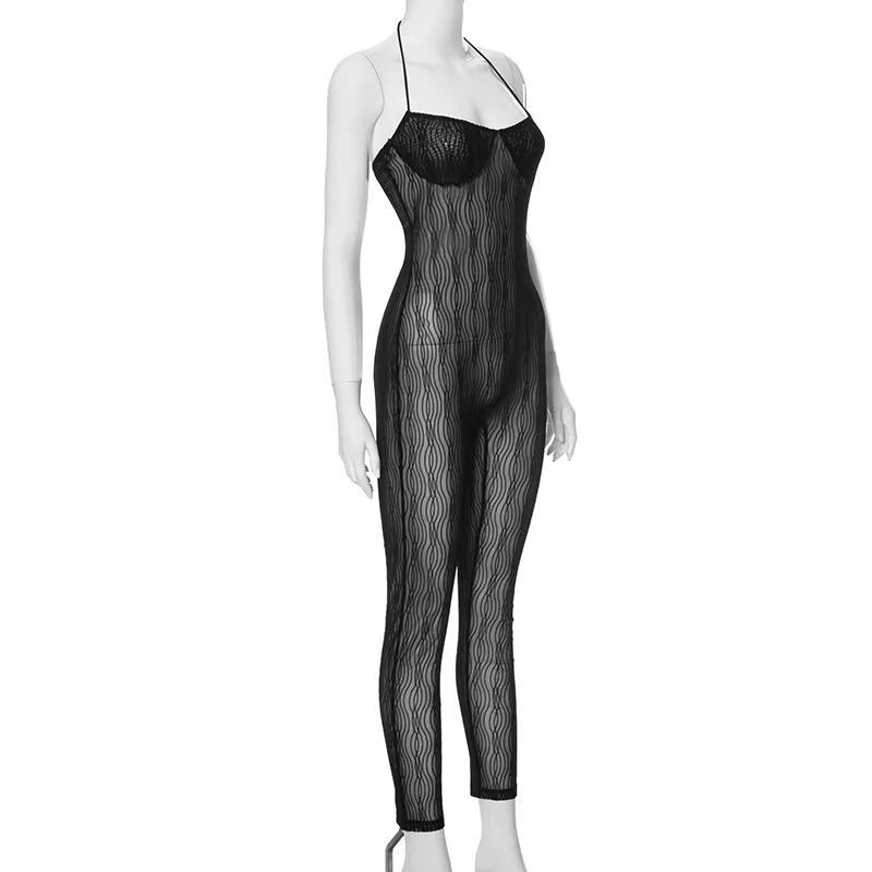 Fashion One Piece Rompers Night Wear 2024 Women Sleeveless Skinny Pencil Pants Sexy Halter Mesh See Through Jumpsuits