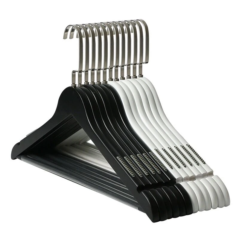Wholesale custom non slip black solid wooden hangers for clothes with anti-slip bar