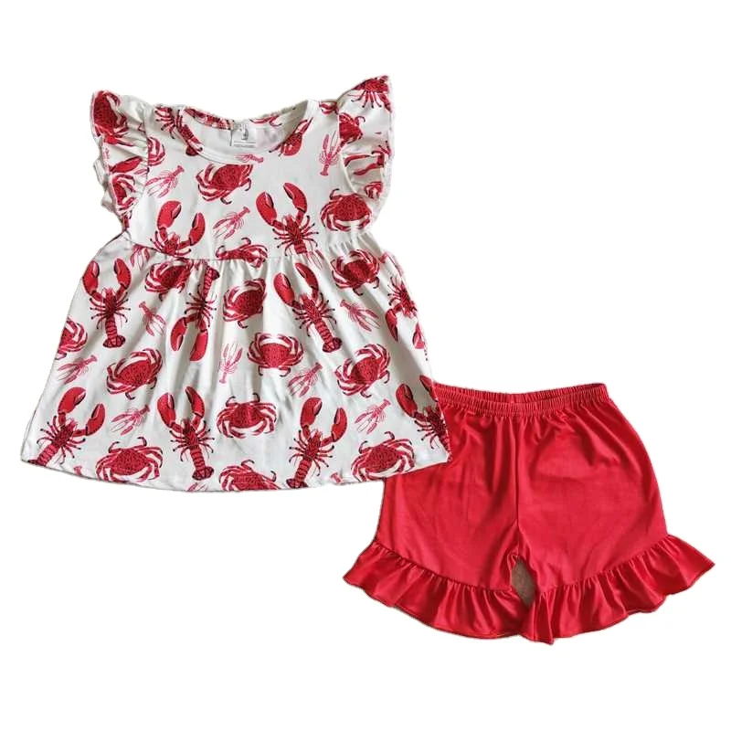 C0-27Summer wholesale price girls lobster flying sleeve shorts fashion cute boutique set