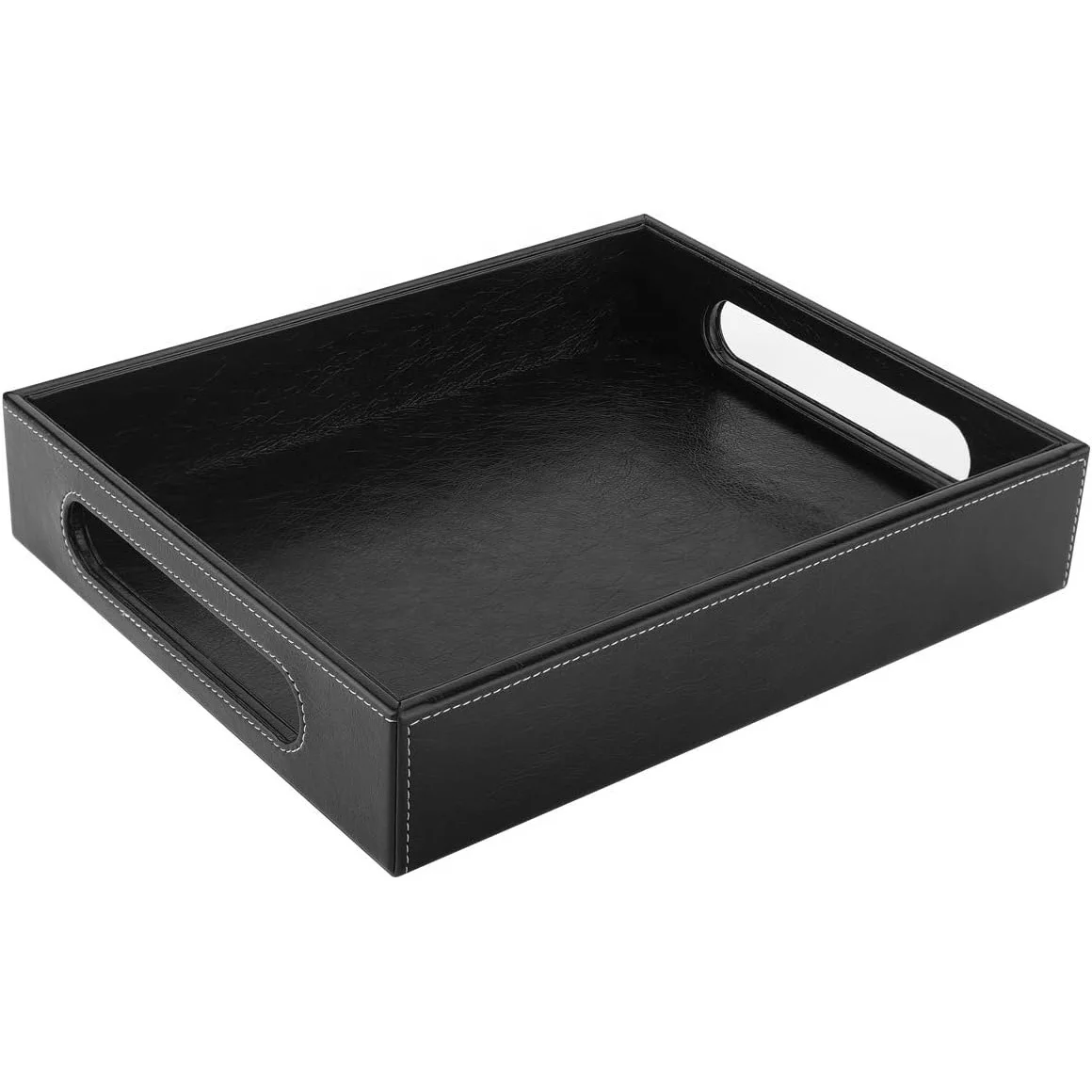 Custom Leather Valet Tray Black Leather Storage Tray Office Tabletop Organizer Handles Design Jewelry Catchall PU Leather Tray