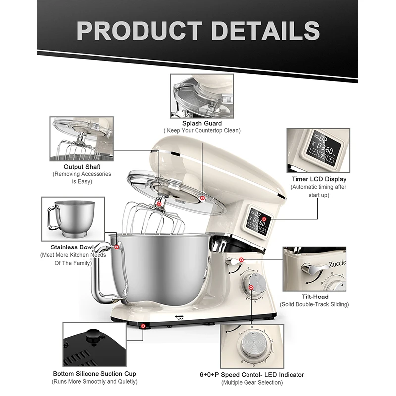 GQF-SM1505HL Chef Machine Factory Price OEM 5.5L 304 Stainless Steel 1500W Dough Blender Kneading Machine With Display Screen