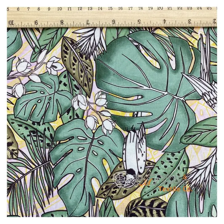 Custom Fabric Soft Feel Bright Color Green Banana Leaf Elasticity Print Cotton Voile Fabric For Headscarf Veil Shirtdresses