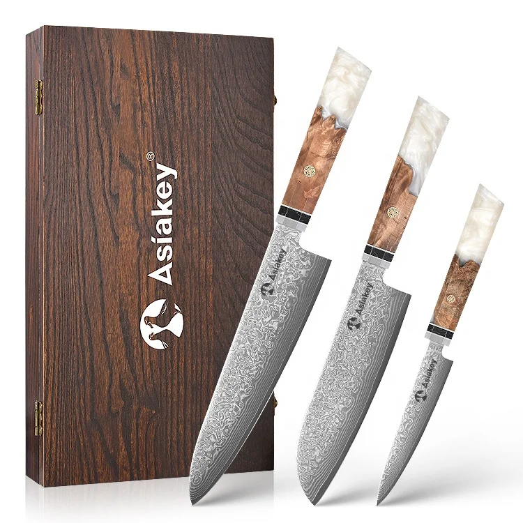 3 Pieces Unique Wood and Resin Handles Top-Grade Damascus Chef Knife Set Included Kitchen Utility Santoku Knife