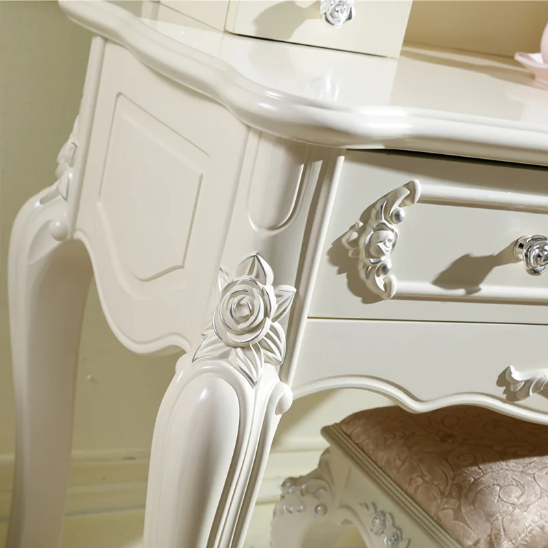 Bedroom Furniture Luxury Classic White Wooden Mirrored Dresser Makeup Vanity Dressing Table with Drawers