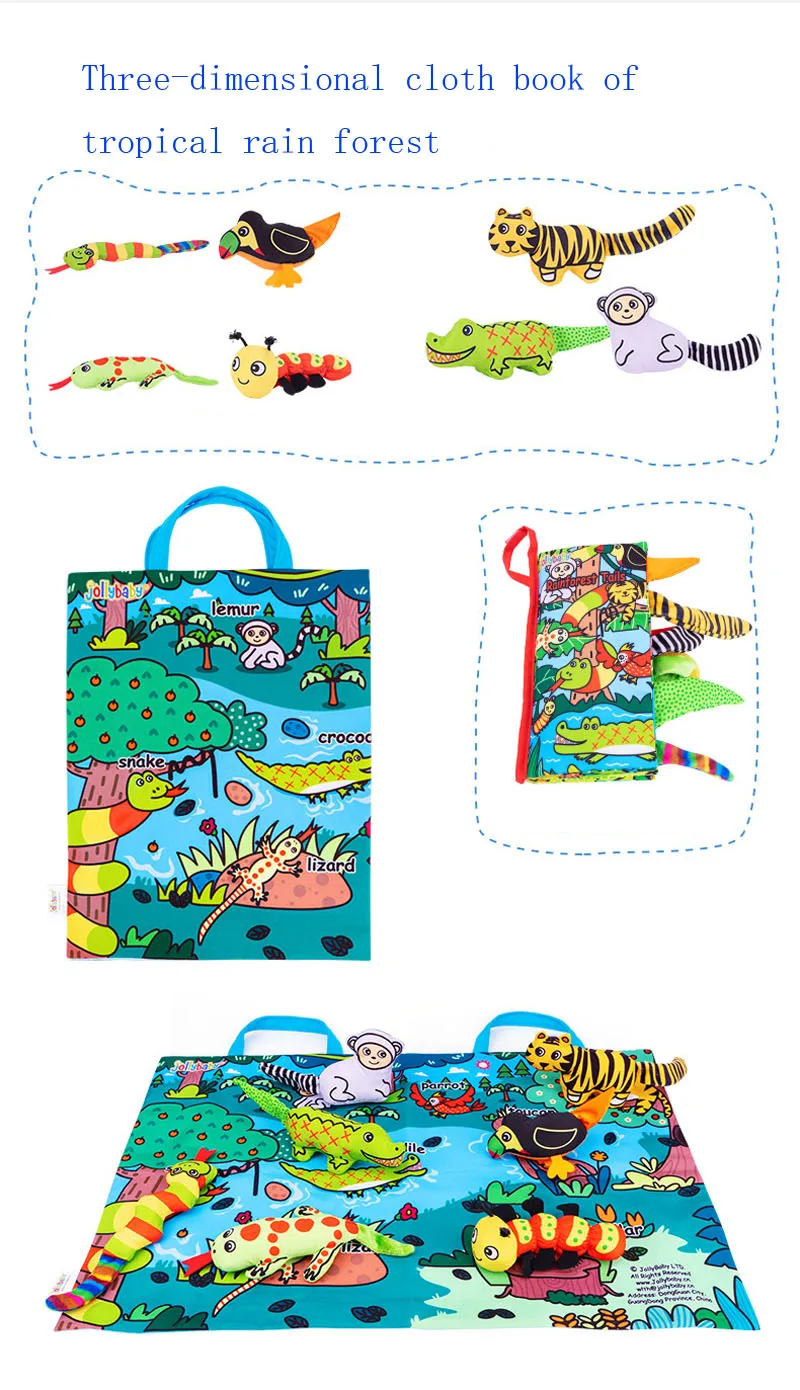 
Jollybaby Polyester Stuffed Touch And Feel Soft Animal Tails Cloth Book Crinkling Squeaky Soft Animal Dolls Play Mat Set 