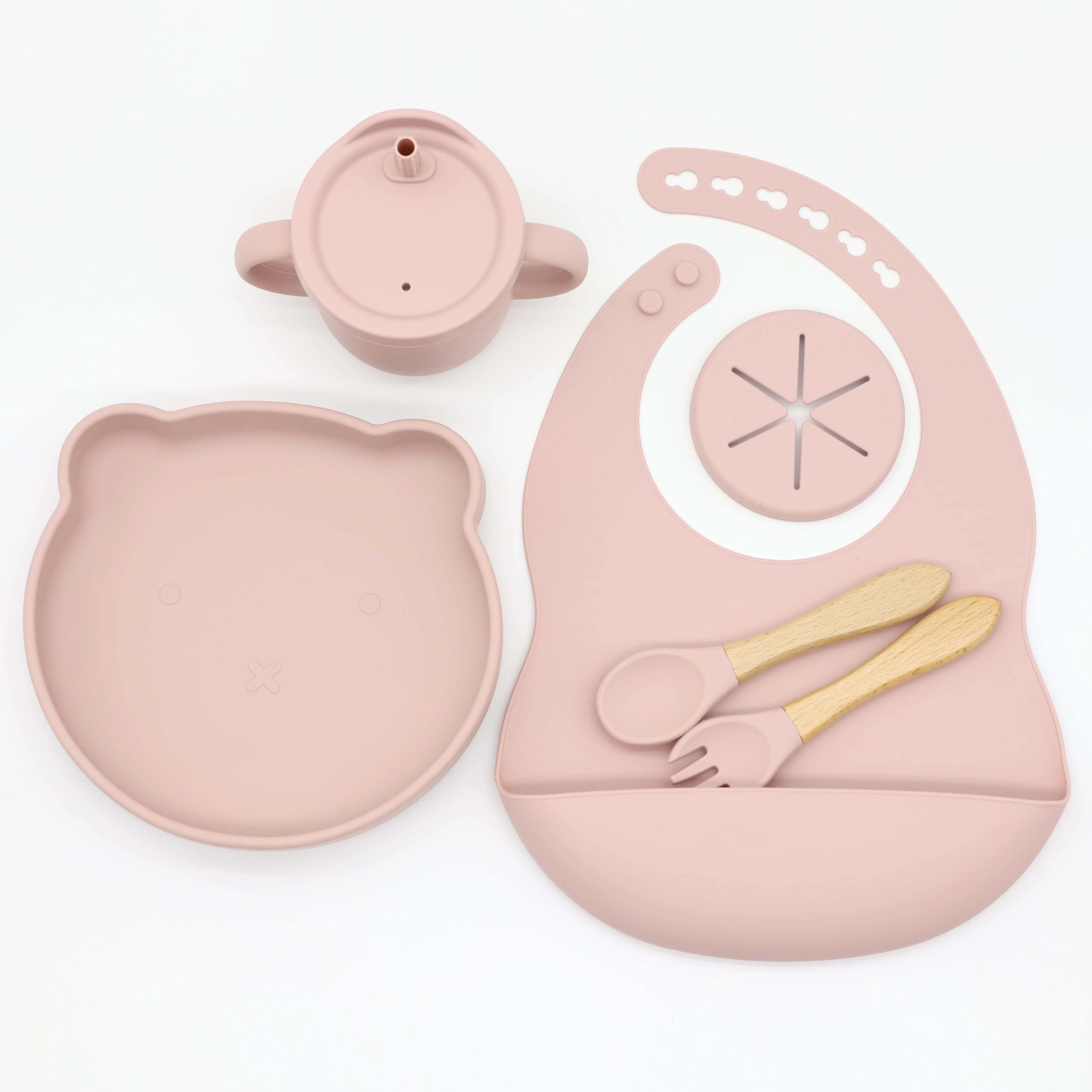 Amazon Tableware non toxic Baby bib suction bear plate spoon fork and silicone 2-in-1 snack  sippy cup non spill feeding set