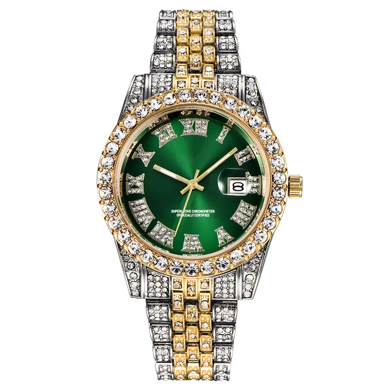 Hip Hop Jewelry Ice Sealed Rhinestone quartz Watch Stainless Steel Roman Watch 18K gold diamond panel Elite watch