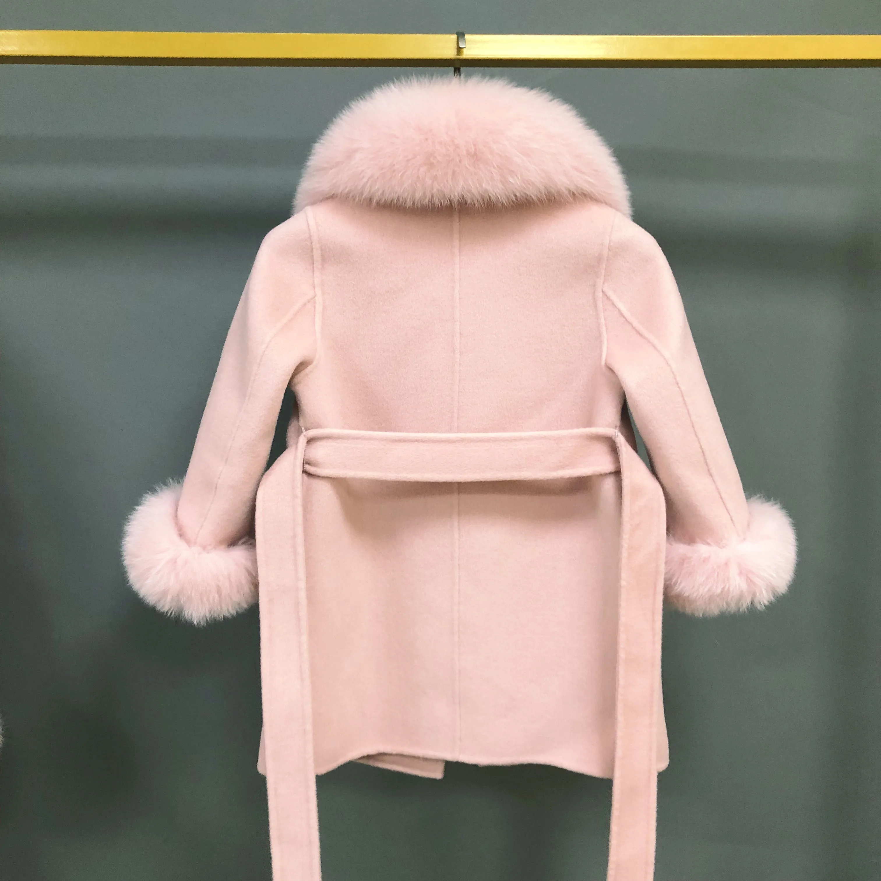 Winter Children Pink Cashmere Coat Real Fox Fur Collar Elegant Wool Overcoat Kids Trench Coat Belt Girls