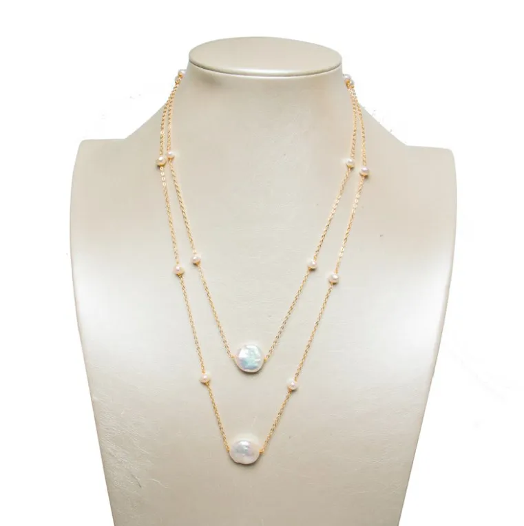 Trendy 14K gold bean chain double-layer button necklace, simple freshwater pearl woman necklaces jewellery