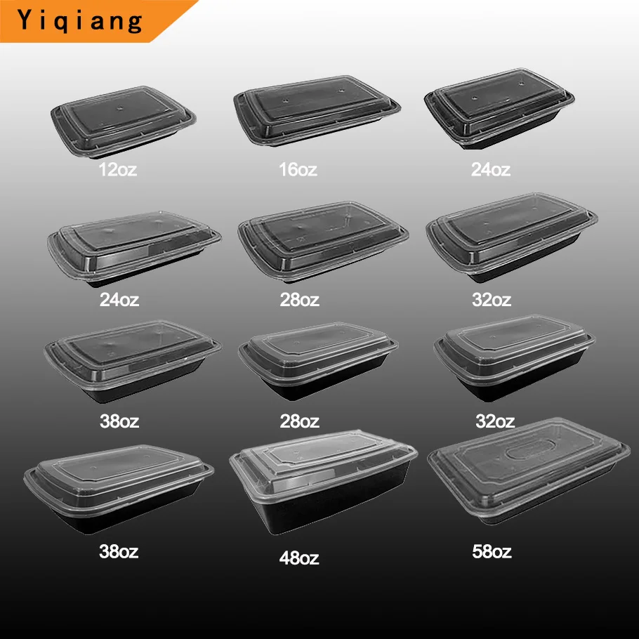 Yiqiang Customizable 12-48 oz Black Rectangle Microwave Safe Stackable Design Takeaway Plastic Meal Prep Food Container With Lid