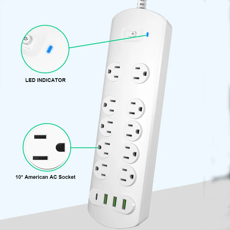 USA Standard 10 Outlets Electrical Multiplug Extension Lead Extension Board Plug Socket Surge Protector 4 Port USB Power Strip