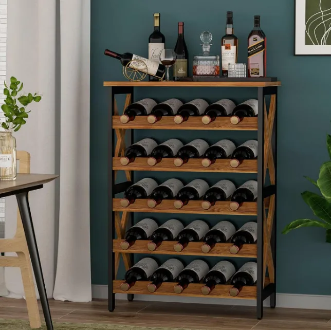 Metal Wood Freestanding 25 Bottle Wine Rack Wine Bottle Organizer Shelf For Cellar Kitchen