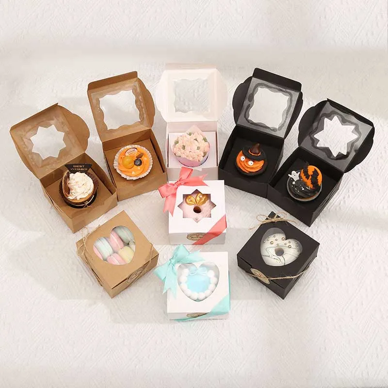 Wholesale Small Square Flat Folding White black brown color Cupcake Cookie Bakery Packaging Paper Boxes With Window And Insert