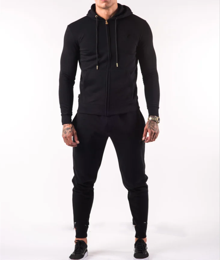 hot sale winter GK tracksuit black 70% cotton 30% polyester zipped hoodie with fleece lining mens tracksuit men jogger pants