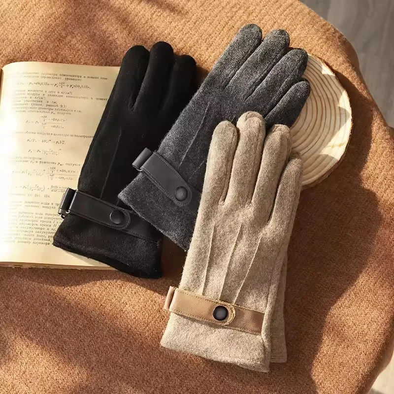 Hot sale touchscreen winter mittens custom plush lining outdoor driving men wool warm gloves