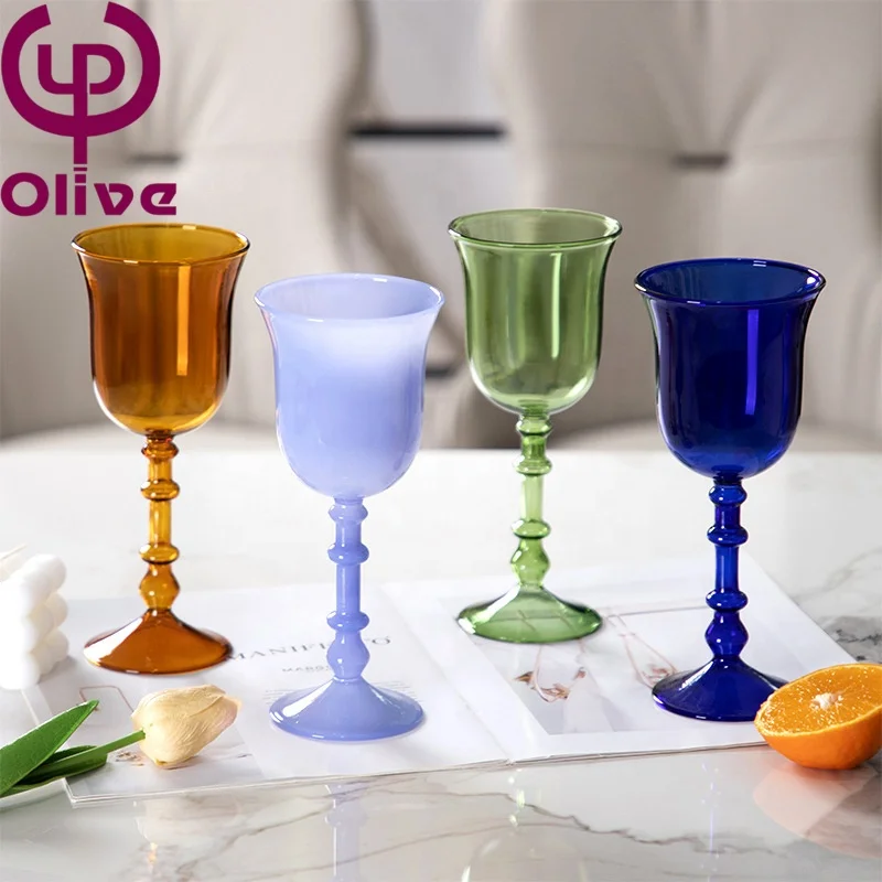 Vintage Home Decor Stained Glass Stemware Roman Column Hand Blown Red Wine Glass French High Borosilicate Colored Glass Goblets