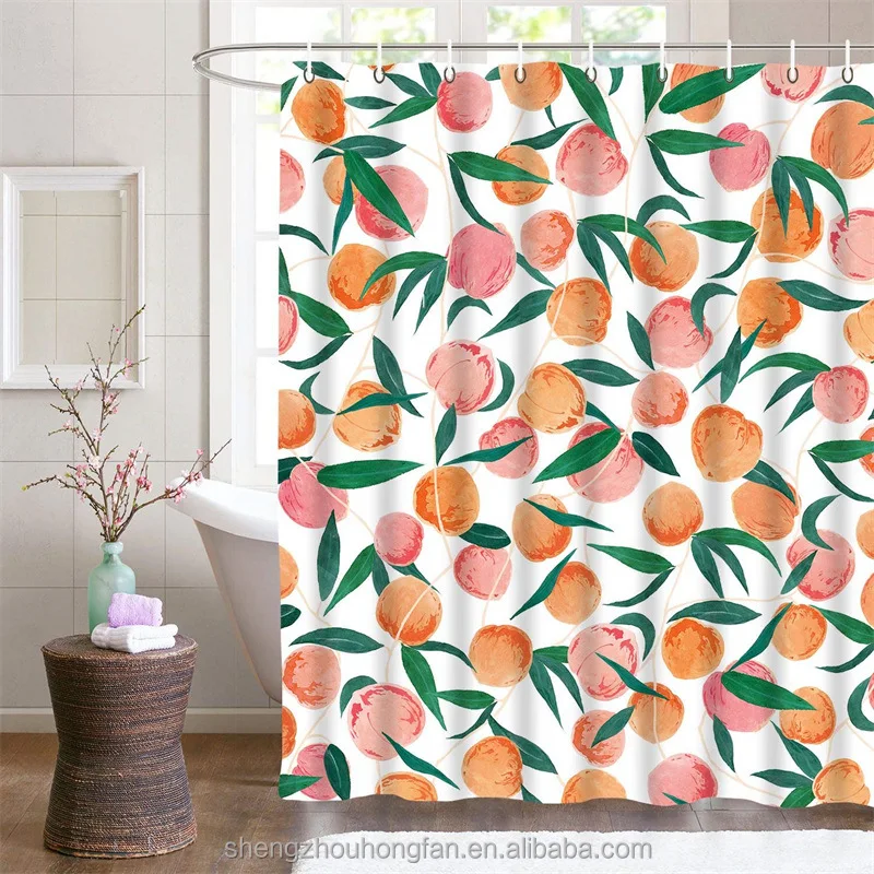 Peach Shower Curtain, Allover Fruits Cute Bright Colorful Design Waterproof Fabric Bathroom Curtains , Peachy Pink