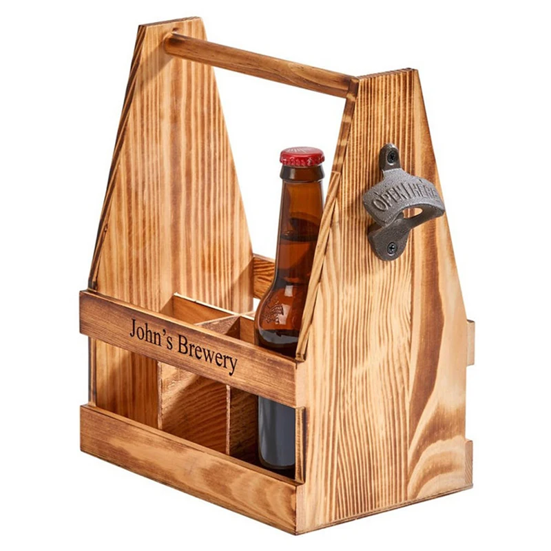 Dark Brown Wood Bottle Carrier With Bottle Opener Six Pack Beverage Holder With Beer In Silk Style Lettering And Carrying Handle