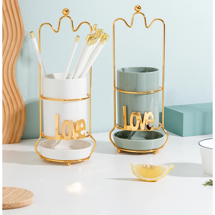 Home Goods Creative Love Design Cylinder Cutlery Chopstick Storage Holder Kitchen Ceramic Utensils Holder With Drain Basket