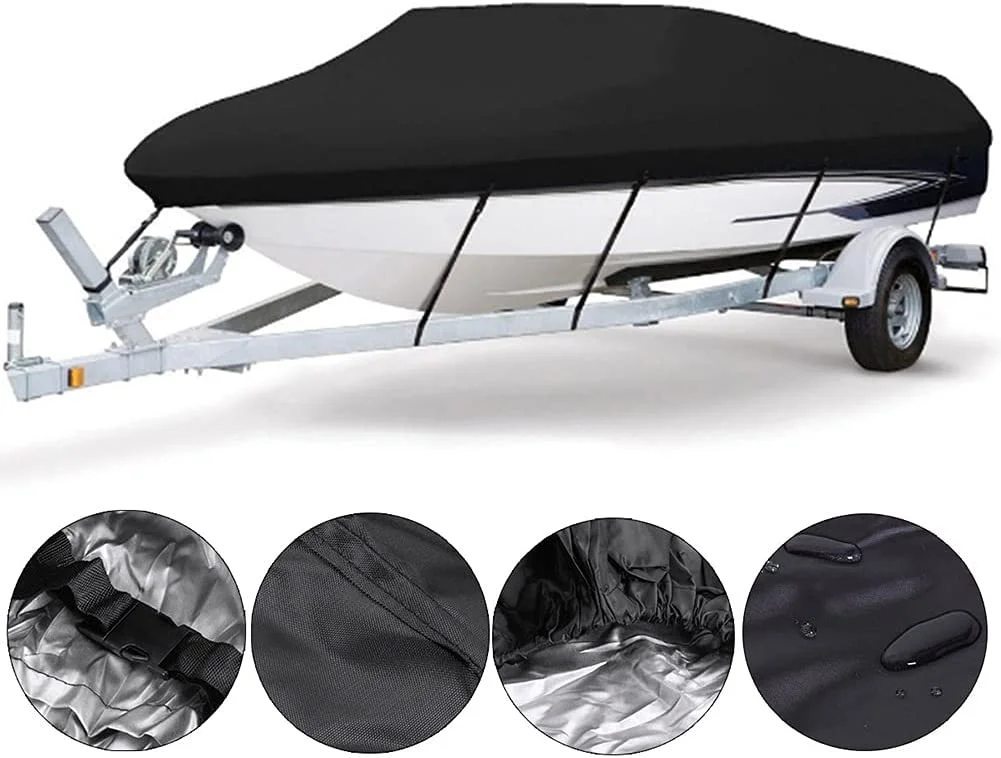 Heavy Duty 420D Waterproof Canvas Trailable Waterproof Boat Cover V-Hull Tri-Hull Runabout Boat Cover