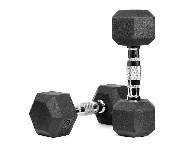 high quality fitness 5-100LB hex rubber dumbbell with steel core and Arc handle dumbbell
